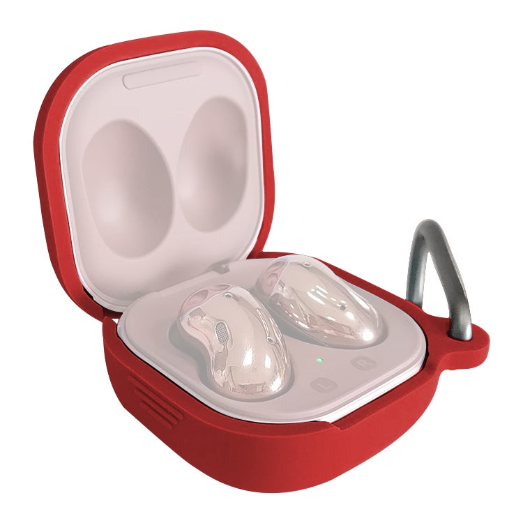 Wine red silicone protective earbud case with open lid, built-in hook, and cradle for Buds Live/Pro.