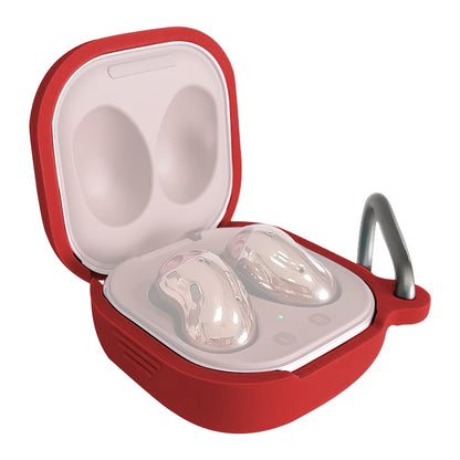 Wine red silicone protective earbud case with open lid, built-in hook, and cradle for Buds Live/Pro.