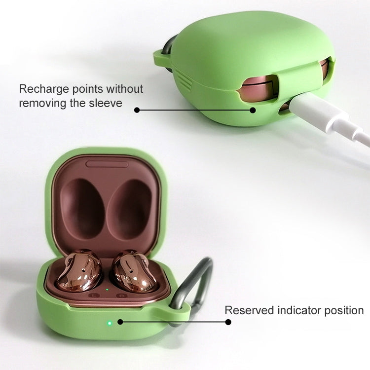 Green silicone protective earbud case with open lid and hook; earbuds seated inside for Buds Live/Pro.