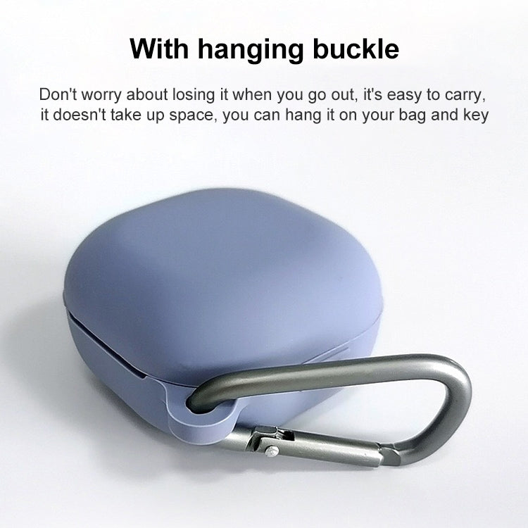 Light blue silicone protective earbud case with hanging buckle and carabiner-style clip for Buds Live/Pro.