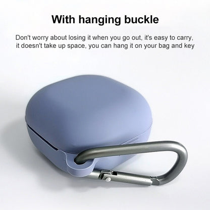 Light blue silicone protective earbud case with hanging buckle and carabiner-style clip for Buds Live/Pro.