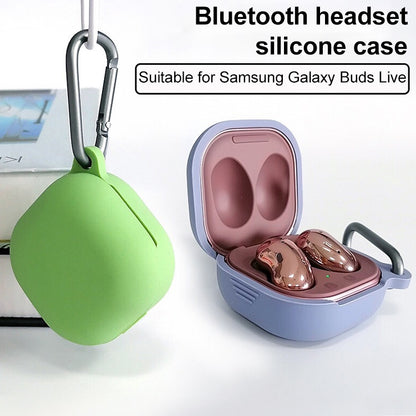 Blue silicone earbud case with hook open, plus green case; both designed for Samsung Buds Live/Pro.