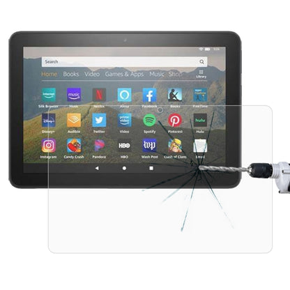 Transparent tempered glass screen protector on tablet, visible impact crack lines