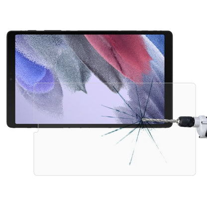Transparent tempered glass screen protector on tablet with spiderweb crack on screen
