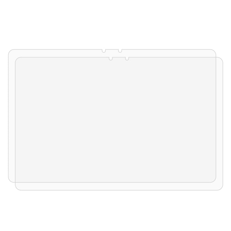 Clear tablet screen protector glass with rounded cutouts and protective cover