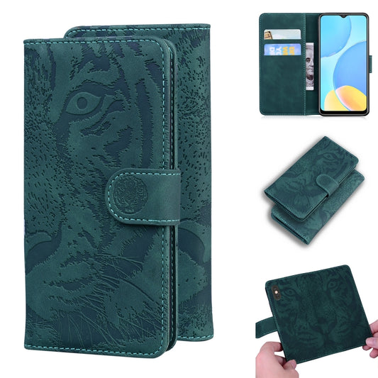 Green tiger-embossed leather folio case with card slots, magnetic flap, phone holder