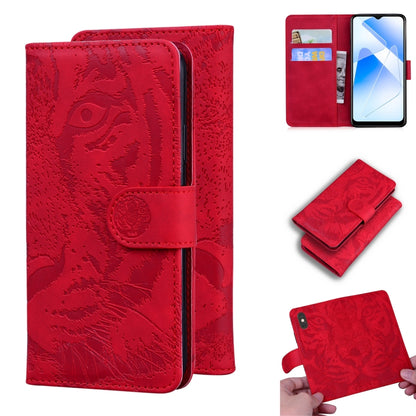 Tiger-embossed leather flip wallet phone case, red, card slots