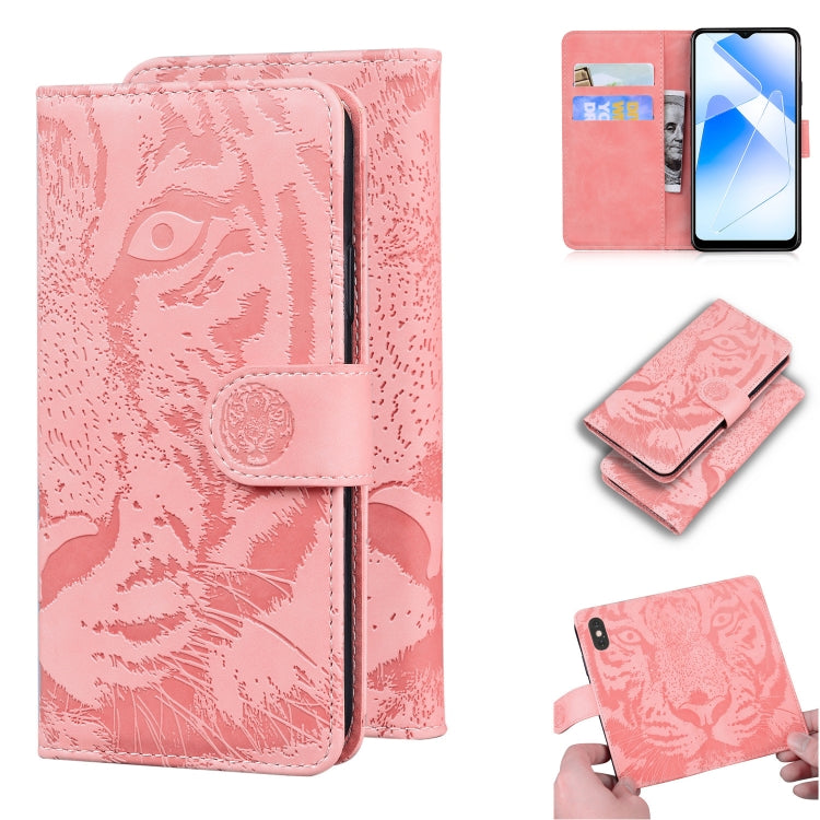 Tiger-embossed leather flip wallet phone case, pink, card slots