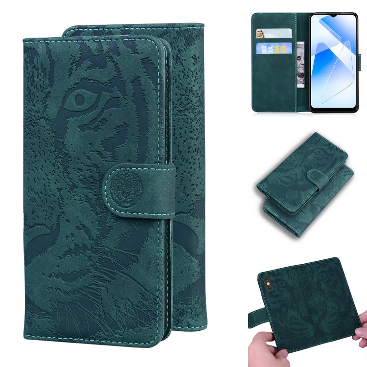 Tiger-embossed leather flip wallet phone case, green-teal, card slots