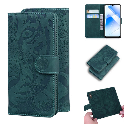 Tiger-embossed leather flip wallet phone case, green-teal, card slots