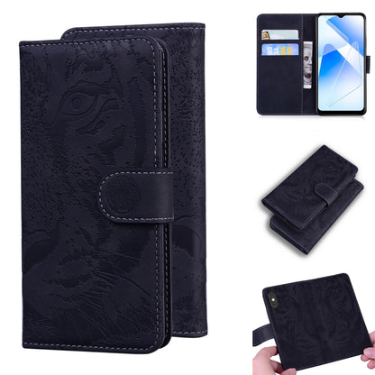 Tiger-embossed leather phone wallet case with card slots, magnetic flip, dark navy blue.