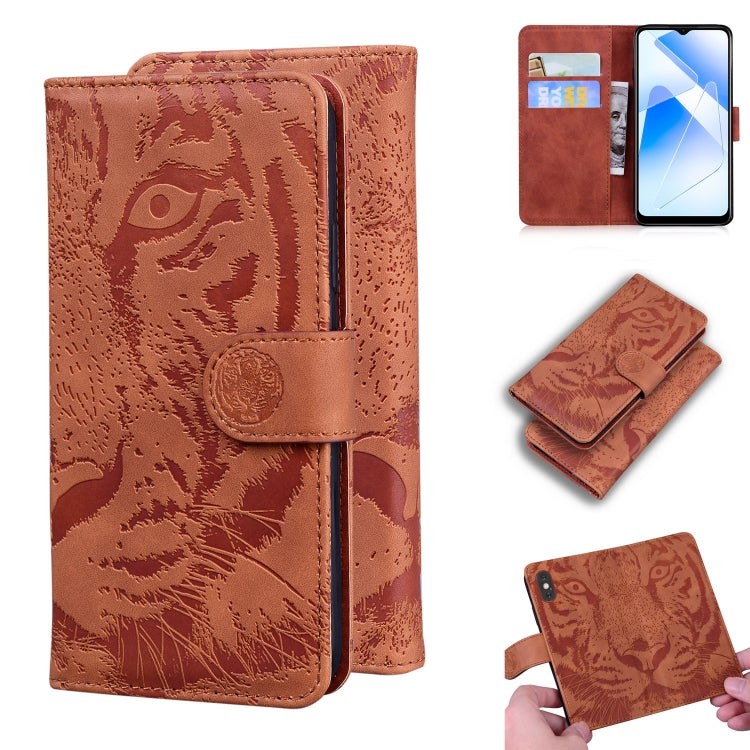 Tiger-embossed leather phone wallet case with card slots, magnetic flip, brown.