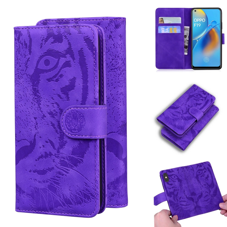 Tiger-embossed leather phone wallet case with card slots, magnetic flip, purple.