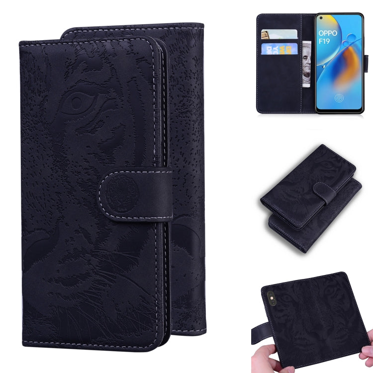 Tiger-embossed leather phone wallet case with card slots, magnetic flip, dark navy blue.