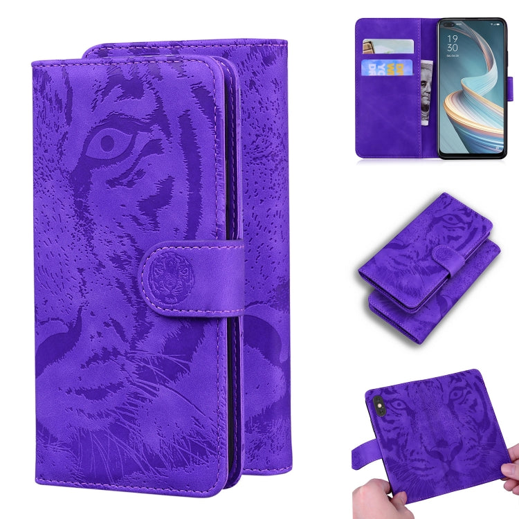 Purple tiger-embossed leather flip phone case with card slots and inner holder