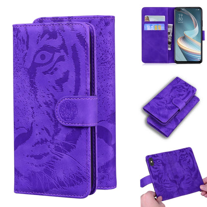 Purple tiger-embossed leather flip phone case with card slots and inner holder