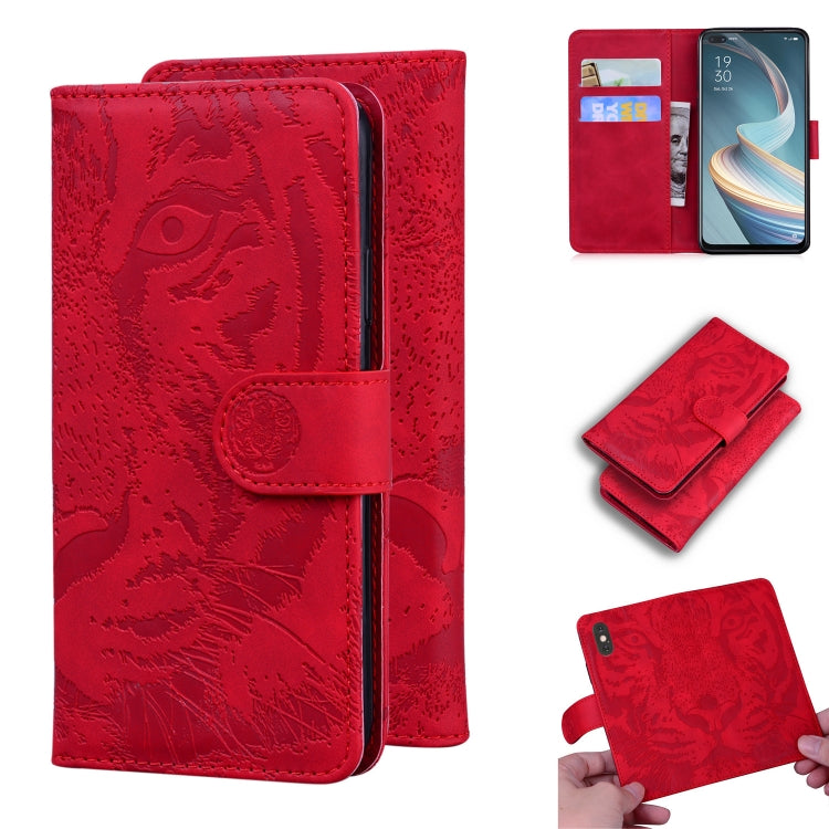 Red tiger-embossed leather flip phone case with card slots and card holder