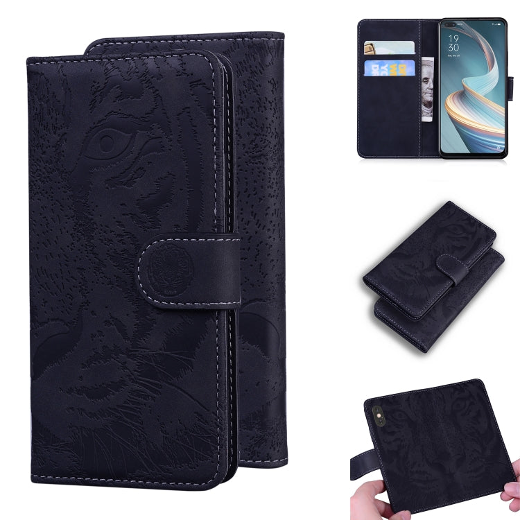 Navy tiger-embossed leather flip phone case with card slots and inner holder