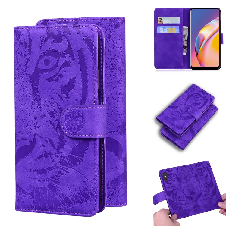 Purple tiger-embossed leather flip phone case with card slots and inner stand