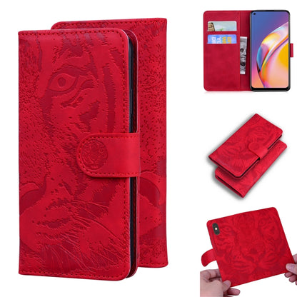 Red tiger-embossed leather flip phone case with card slots and phone holder