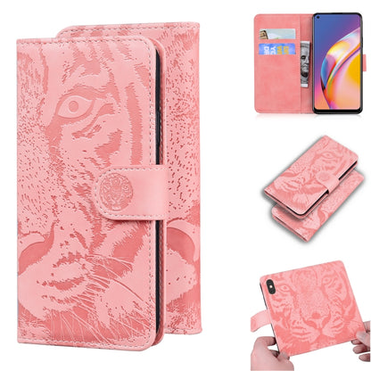 Pink tiger-embossed leather flip phone case with card slots and inner holder