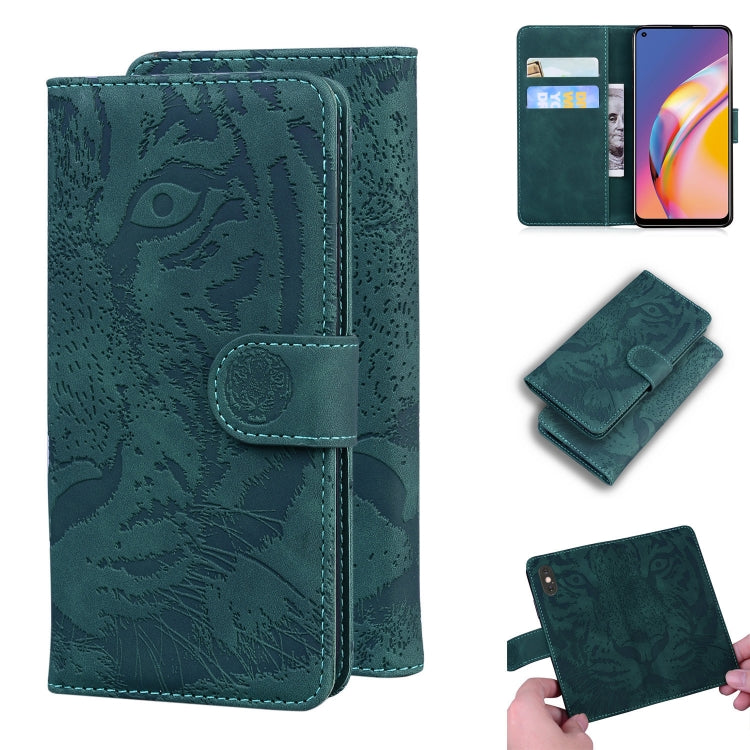Tiger embossed leather flip wallet phone case with card slots, teal green