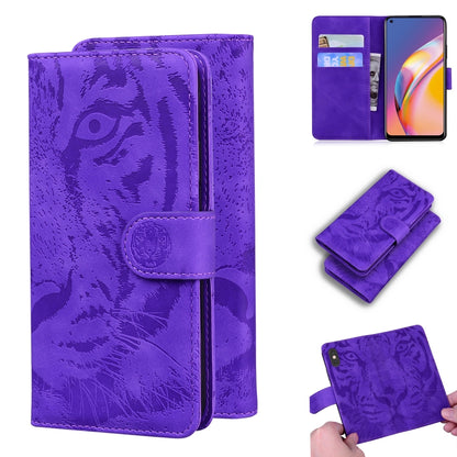 Tiger embossed leather flip wallet phone case with card slots, purple