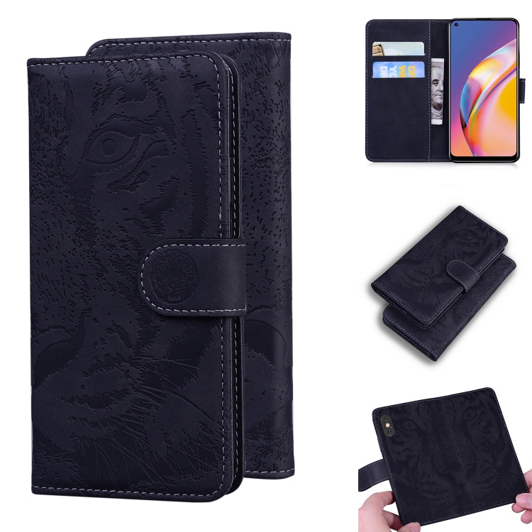 Tiger embossed leather flip wallet phone case with card slots, dark navy, phone shown