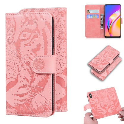 Pink tiger-embossed flip leather phone case with card slots and wallet holder