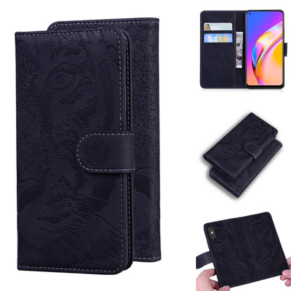 Dark navy tiger-embossed flip leather phone case with card slots and wallet holder
