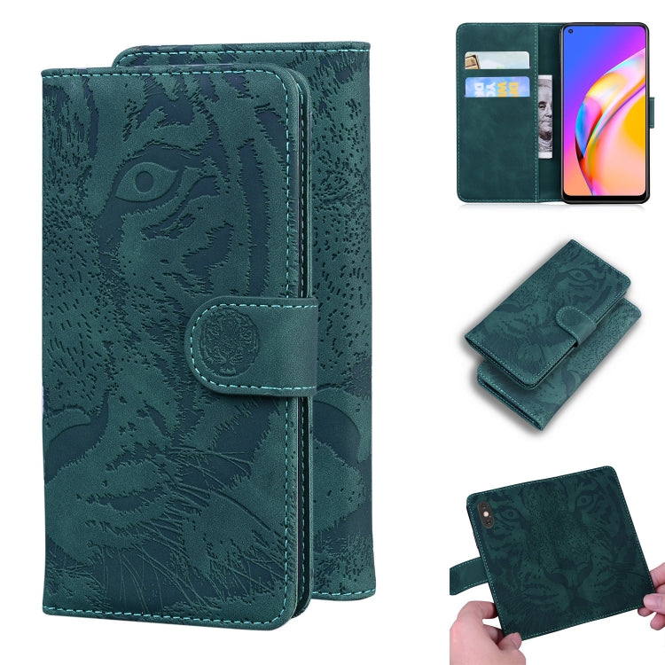 Teal tiger-embossed flip leather phone case with card slots and wallet holder