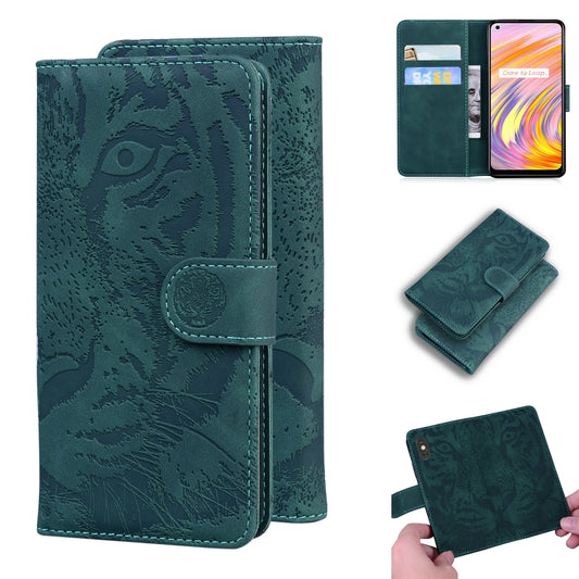 Green tiger-embossed flip leather phone case with card slots and wallet holder
