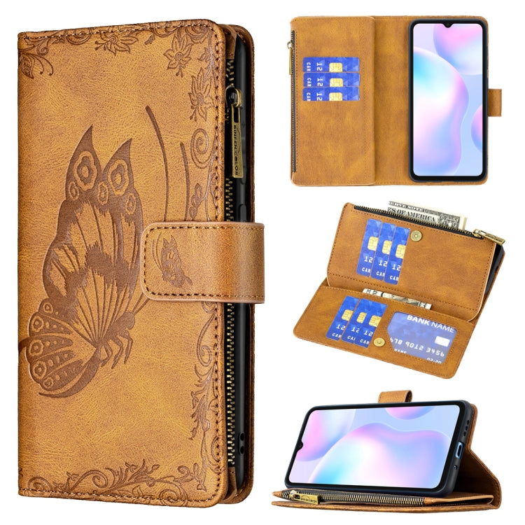 Brown embossed butterfly flip leather wallet case with holder, card slots, and zipper.
