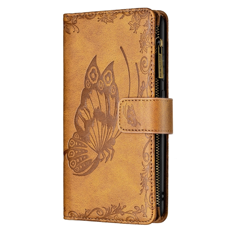 Brown embossed butterfly leather flip case with side zipper and secure strap.
