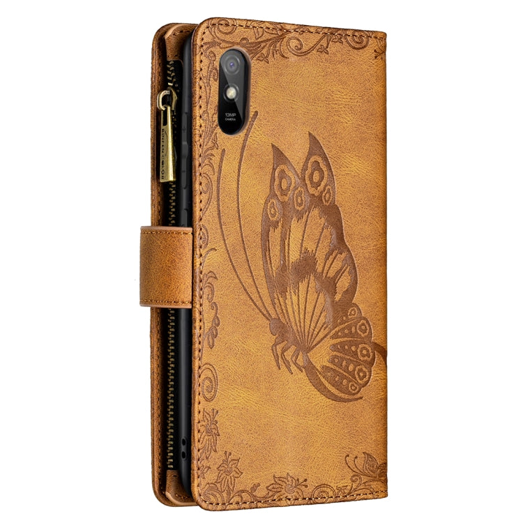 Brown embossed butterfly leather case with phone camera cutout and flip strap.