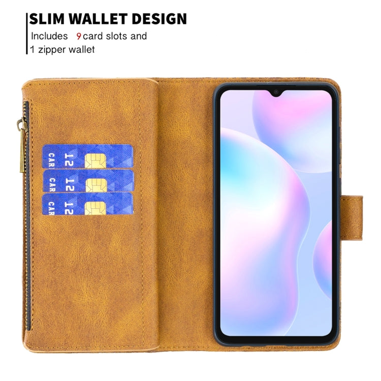 Brown embossed butterfly leather wallet case with phone holder, card slots, and zipper.