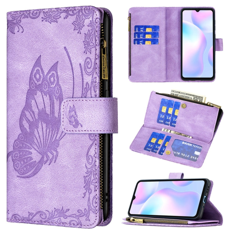 Purple embossed butterfly flip wallet phone case with zipper, card slots, and phone holder