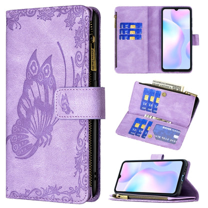 Purple embossed butterfly flip wallet phone case with zipper, card slots, and phone holder