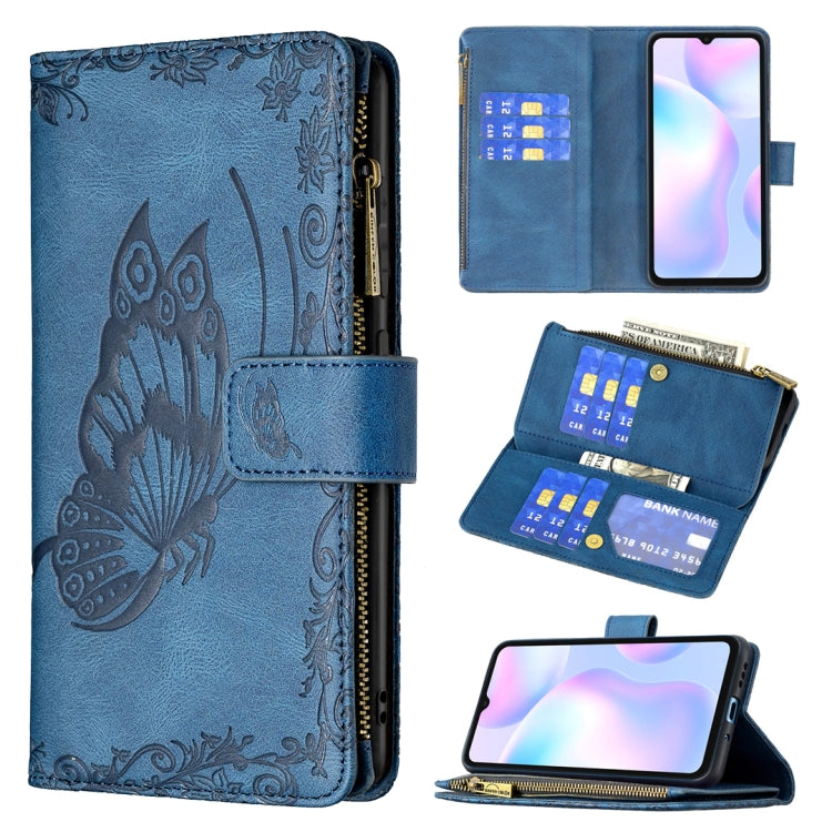 Blue embossed butterfly leather flip wallet case with zipper, card slots, holder for phone