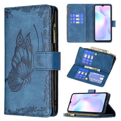 Blue embossed butterfly leather flip wallet case with zipper, card slots, holder for phone