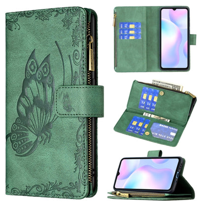 Green embossed butterfly zipper wallet case with card slots and phone holder