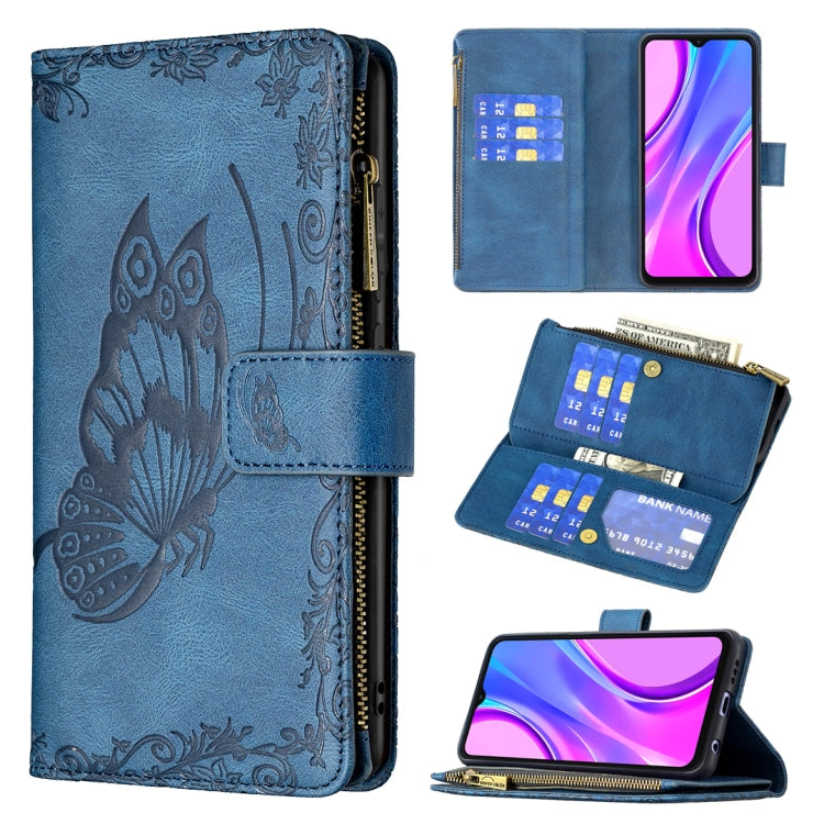 Blue embossed butterfly leather flip wallet case with zipper, card slots, interior card sleeve