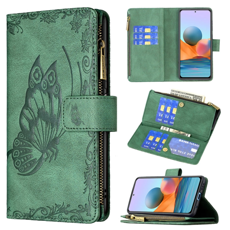 Green embossed butterfly zipper wallet phone case with card slots and holder