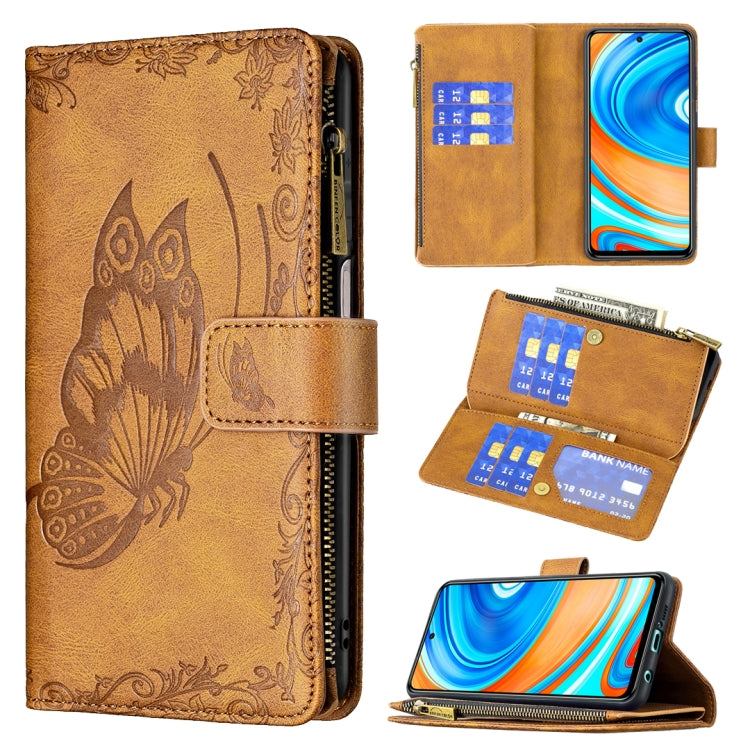 Brown embossed butterfly flip wallet phone case with zipper, card slots, and phone holder