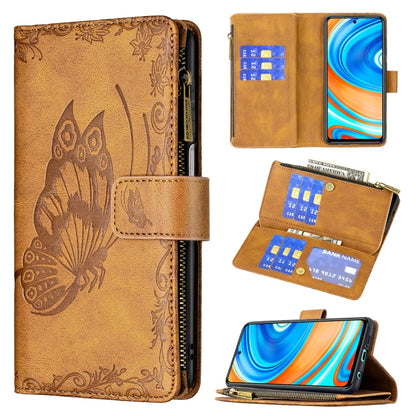 Brown embossed butterfly flip wallet phone case with zipper, card slots, and phone holder