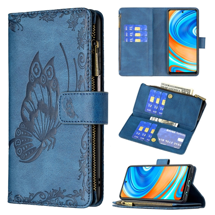 Blue embossed butterfly leather flip wallet case with zipper, card slots, stand-style viewing angle
