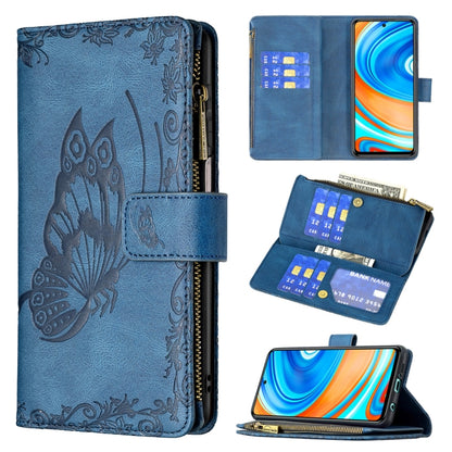 Blue embossed butterfly leather flip wallet case with zipper, card slots, stand-style viewing angle