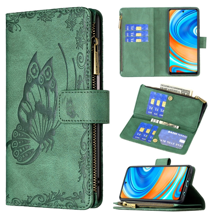 Green embossed butterfly zipper wallet case with card slots and phone stand