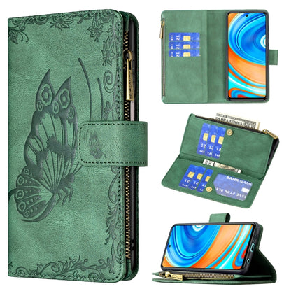 Green embossed butterfly zipper wallet case with card slots and phone stand