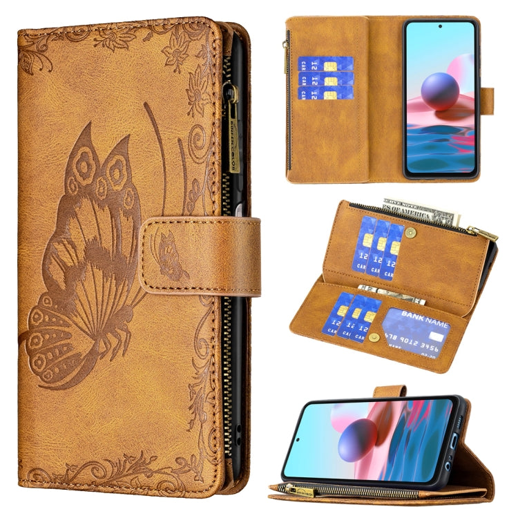 Brown embossed butterfly flip wallet phone case with card slots, zip closure, and stand